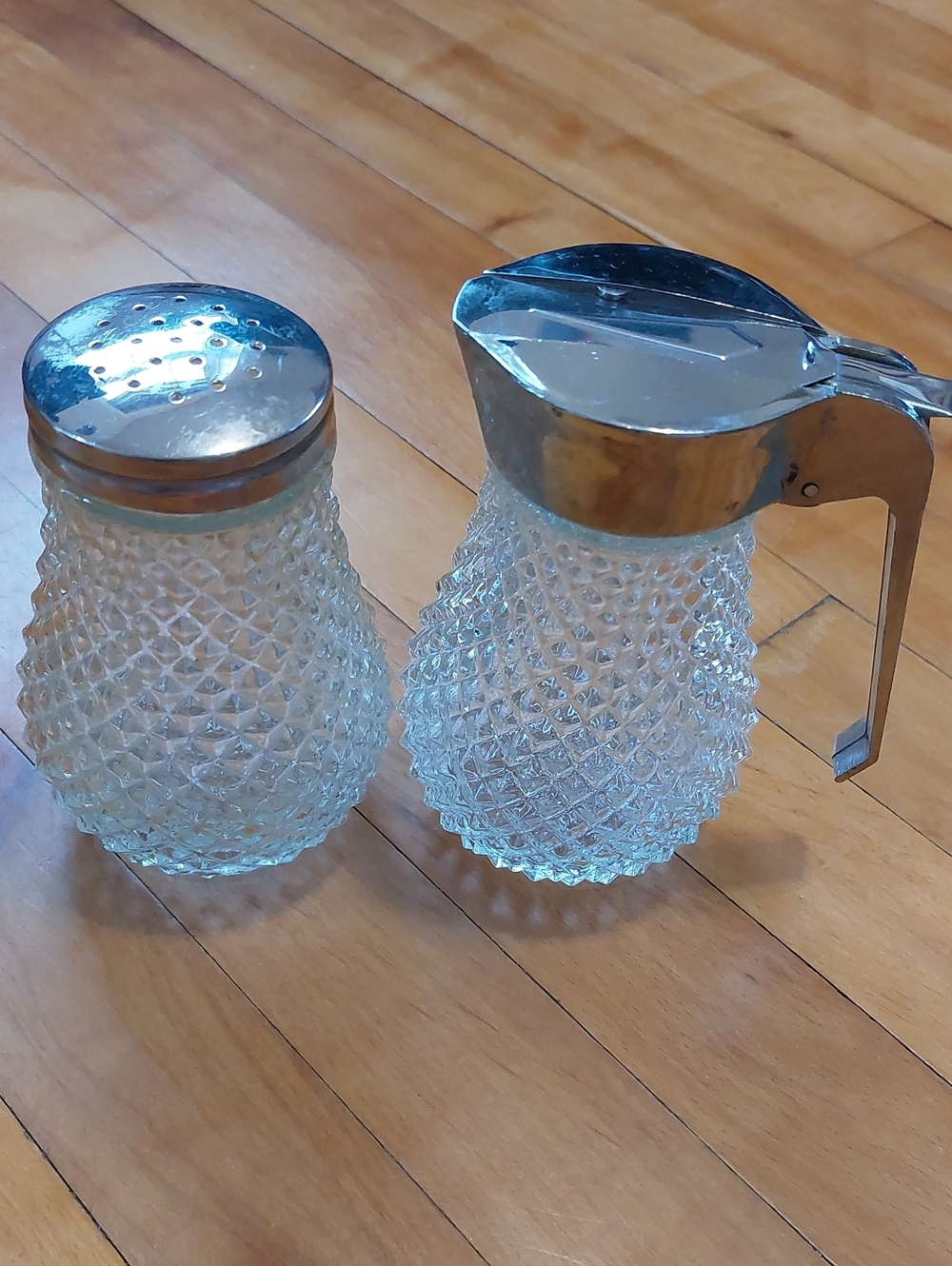 Vintage Grace Glass Diamond Point Sugar Shaker & Syrup Pitcher Set